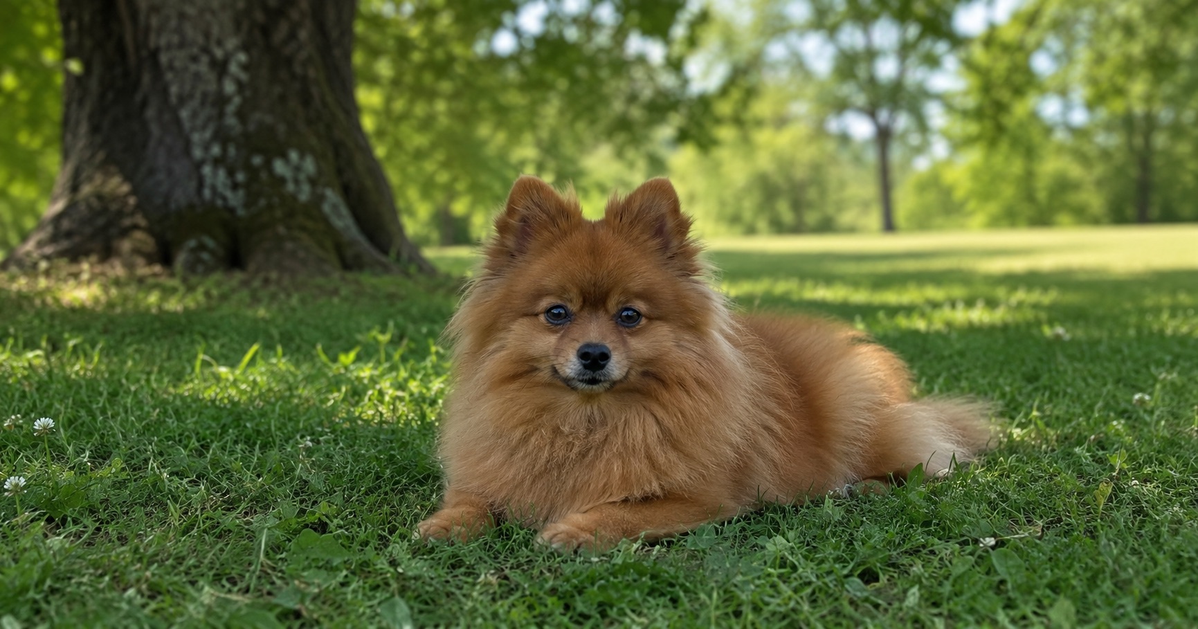 여름 잔디밭 그늘에서 배를 깔고 엎드려 쉬는 갈색 포메라니안
